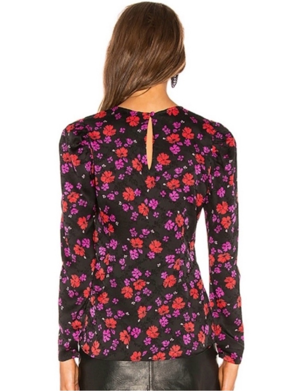 L’Academie Eleonora Black Floral Long Sleeve Puff Shoulder Blouse Sz Small - Picture 3 of 7